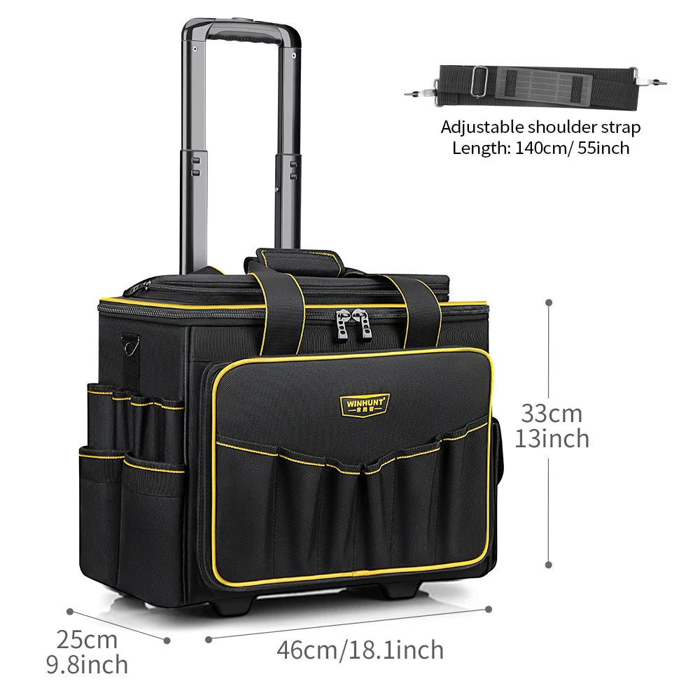 WINNHUNT 18inch Wide Mouth Rolling Tool Bag, 32 Pocket Tool Trolley Bag with Telescopic Handle and 2 Wheels, Black