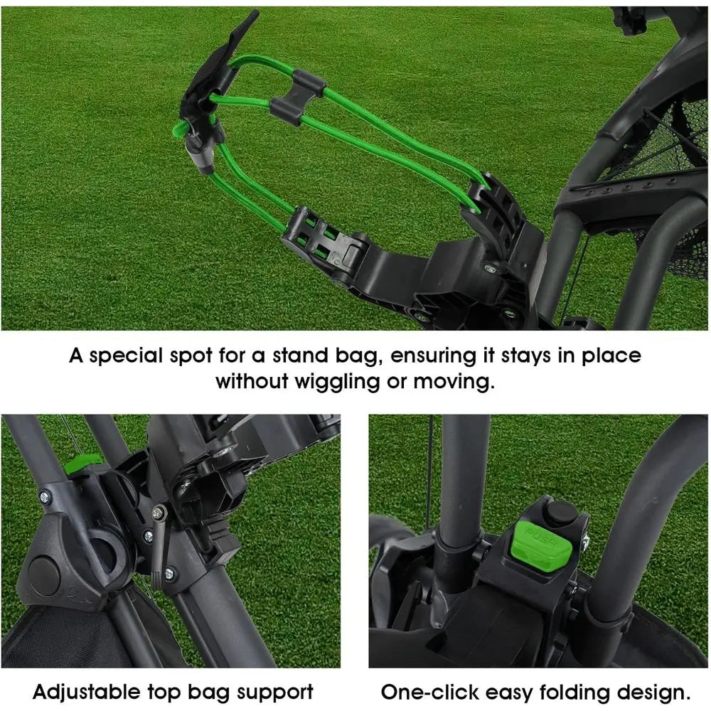 Compact Lightweight Golf Push Cart with Cooler, Flat Fold Trolley, Brake, and Cup Umbrella Holder