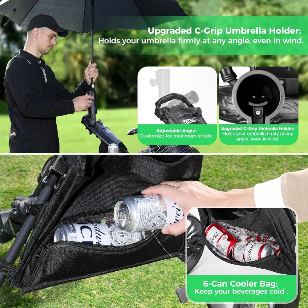 4 Wheel Golf Push Cart: Lightweight Compact Folding Golf Trolley, Pull Behind Manual Golf Caddy with Cup, Phone & Umbrella