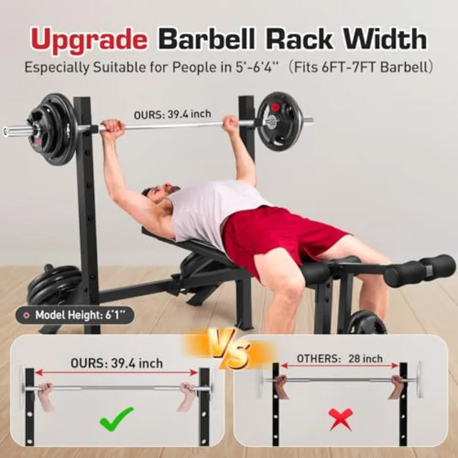 Adjustable Weight Bench Press Set 900LBS with 72''W Squat Rack Leg Extension/Curl Foldable Workout Bench for Full Body Fitness