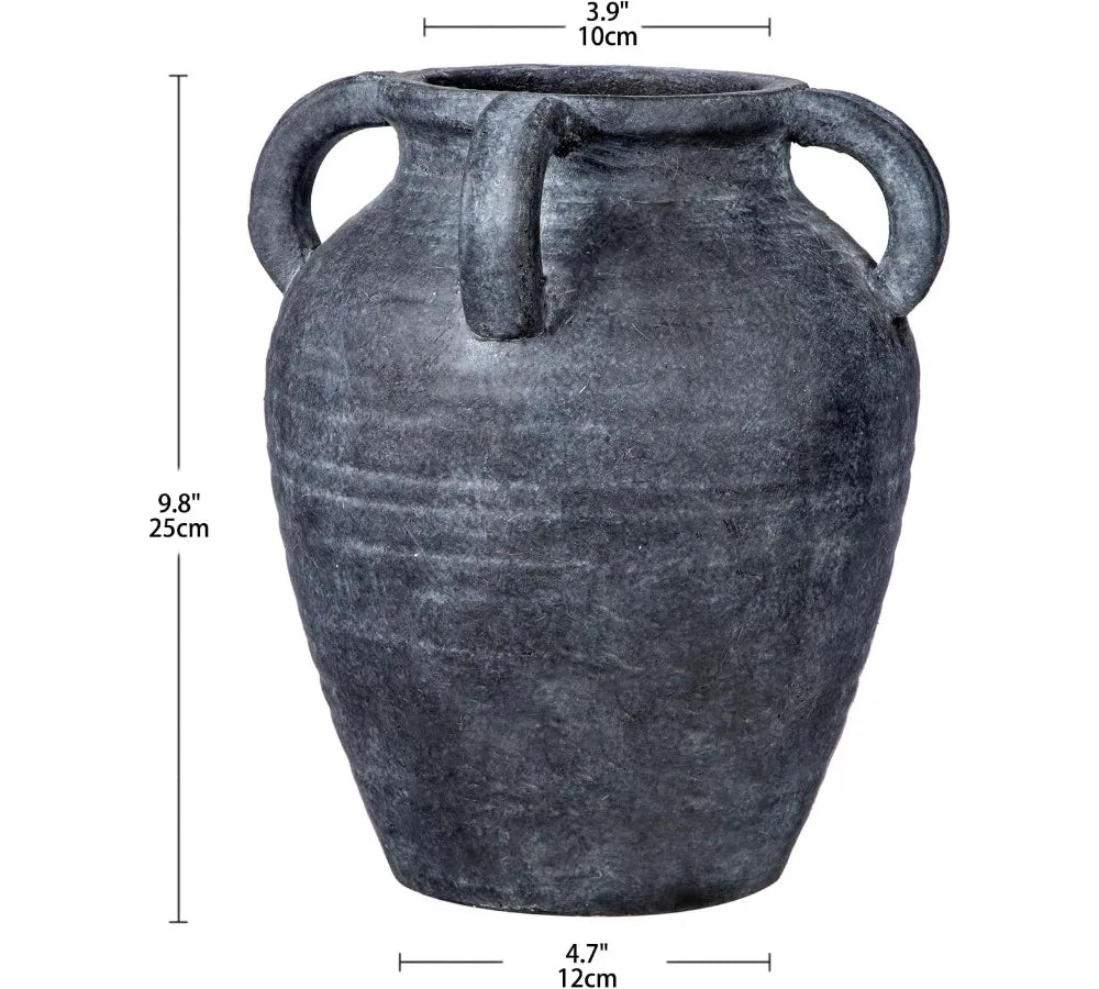 Handmade Terracotta Vase 9.8" Tall Vintage Rustic Ceramic Flower Pot with 4 Handles Matte Finish Home Office Café Decor