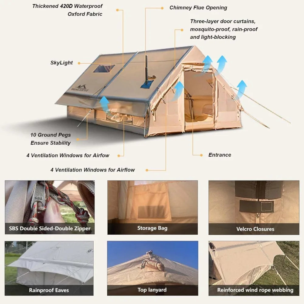 Large Inflatable Tents  4 Season Blow Up Tent with Rainfly, Waterproof & Sunproof, Luxury Inflatable House with Stove Jack