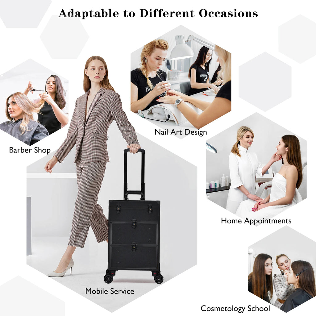 Professional 3 in 1 Rolling Makeup Case on Wheels 2 Large Drawer Nail Trolley Traveling Cosmetic Train Case with Makeup Pouch