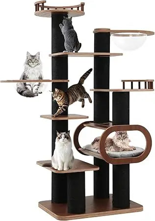 71'' Modern Black Cat Tree for Indoor, Tall Solid Wood Cat Tower for Home Decoration, Multi-Level Cat Tower with Transparent Bed