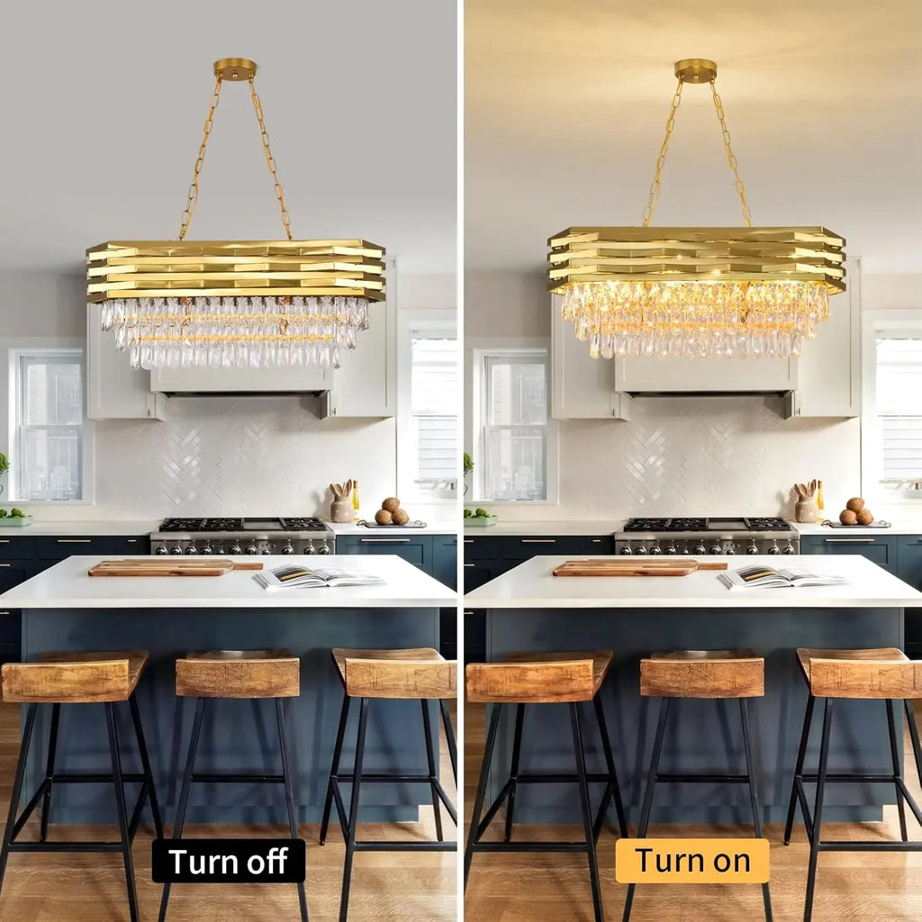 Modern Gold Crystal Chandelier,Oval Semi-Flush Mount Linear 3-Tier K9 Crystal Chandelier- dining room/kitchen island/living room
