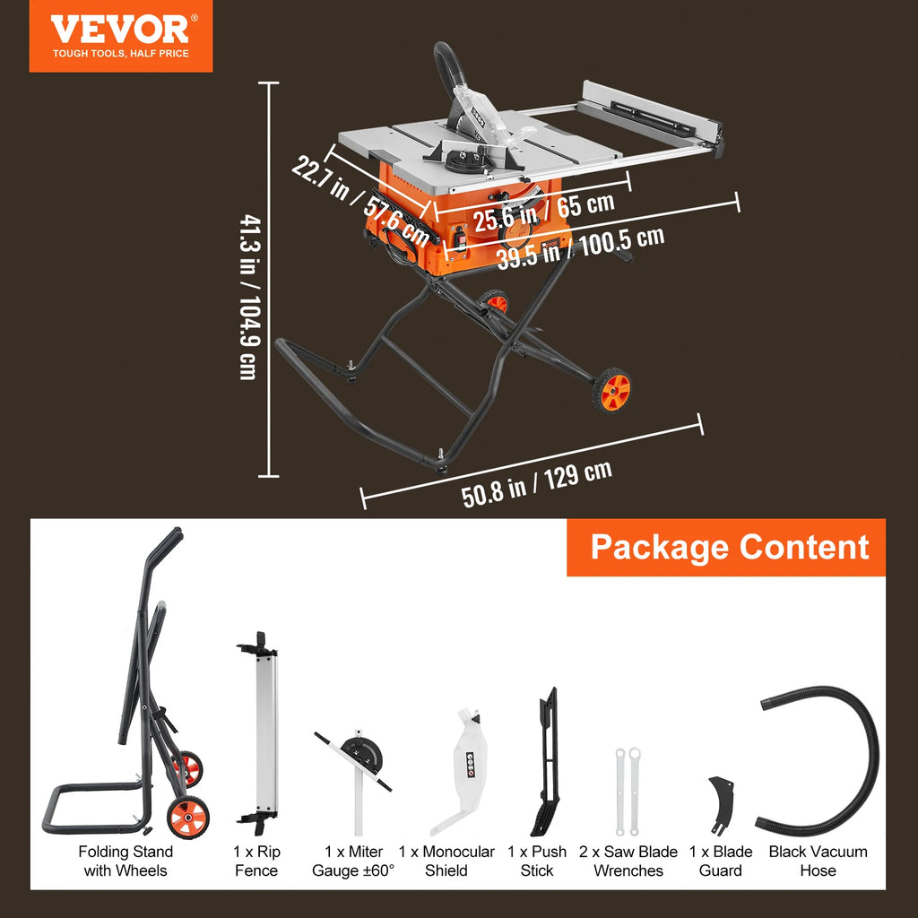 VEVOR Table Saw for Jobsite 10inch 15-Amp 25-in Max Rip Capacity 40T Blade Portable Compact for DIY Woodworking Furniture Making