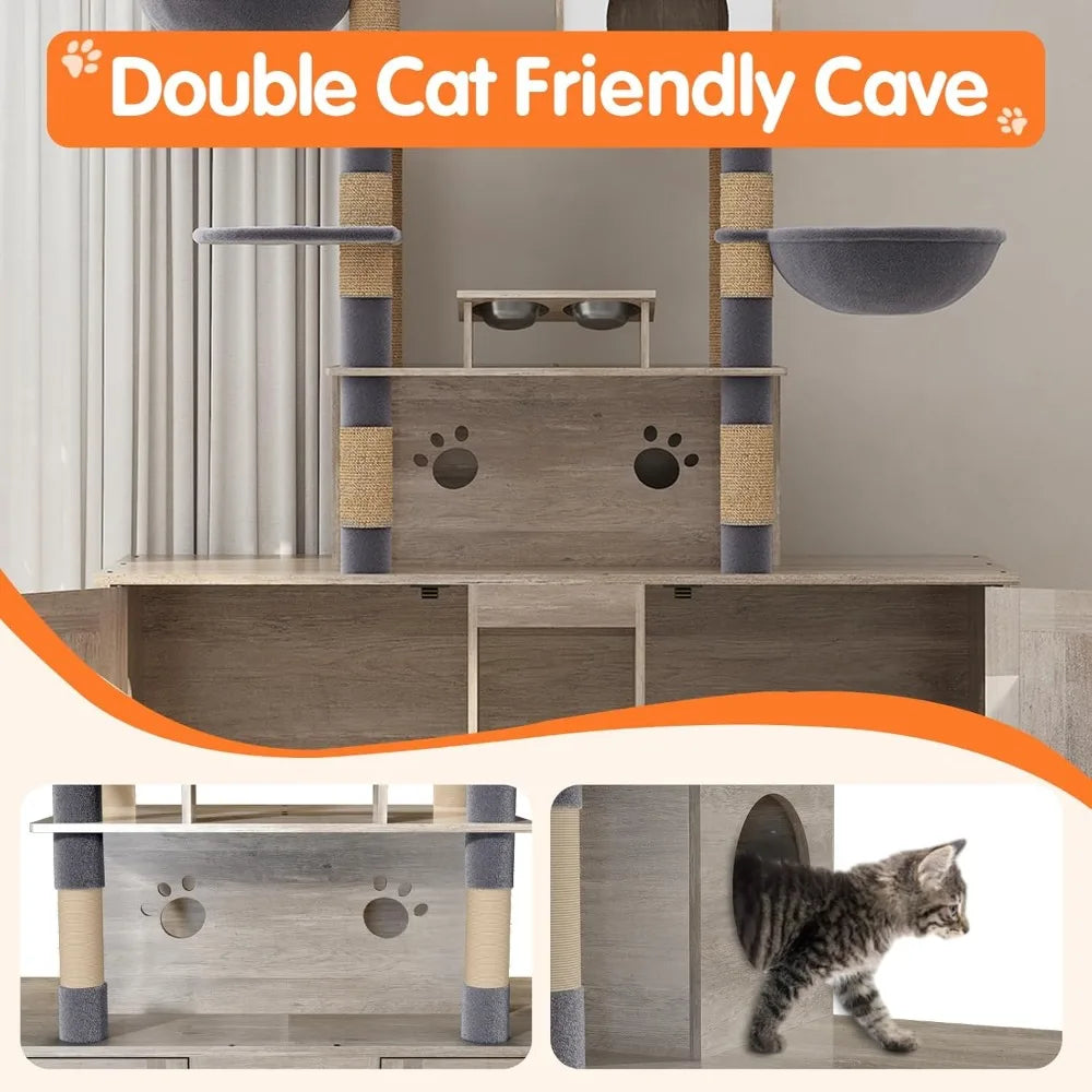 "two-tier cat tree with dual litter box huts, comprehensive cat tower, feline condo featuring sisal scratching posts, hanging be