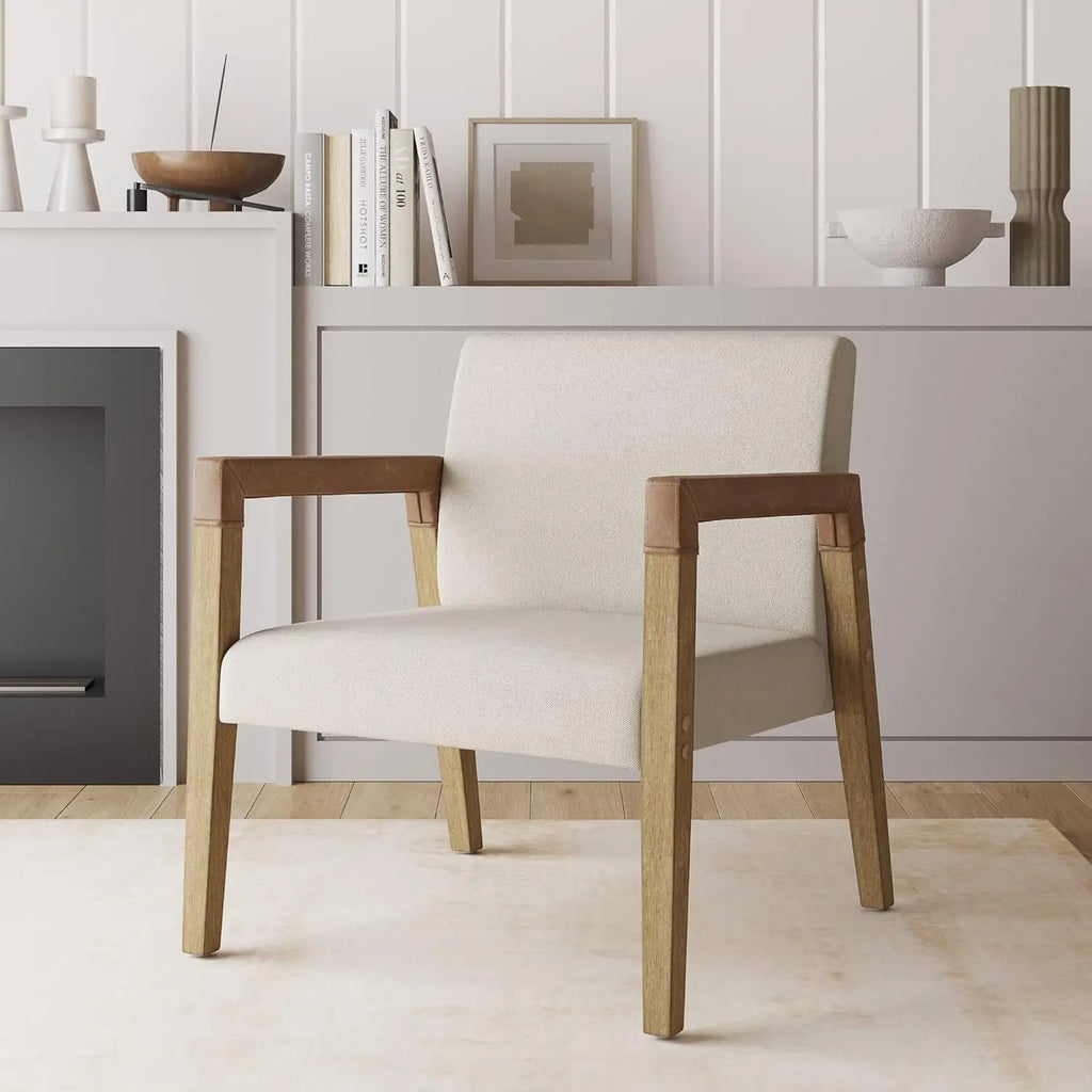 James Hudson Accent Living Room Chair, Comfy Reading Bedroom Chair, Mid-Century Wood Armchair, Upholstered Fabric and Lea