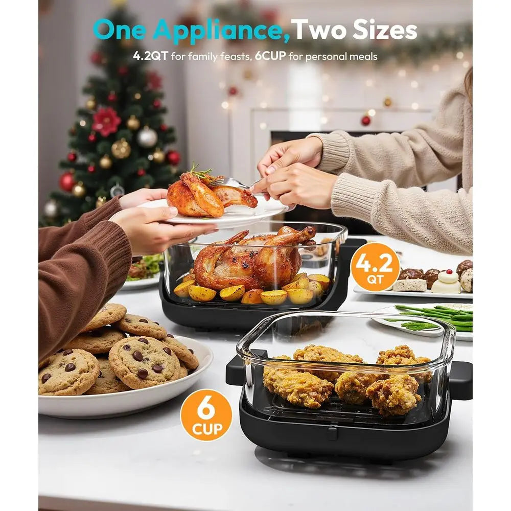 Portable Glass Air Fryer - 1500W, 4.2 QT & 6-Cup Dual Glass Containers, 4-in-1, 60 Min Timer, 140°-400° Adjustable, Microwave, F