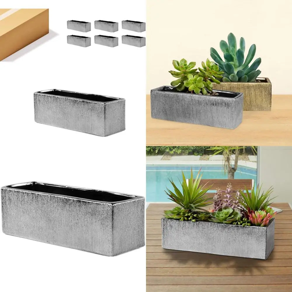 Long Rectangular Silver Etched Ceramic Planter Vase for Flower Arrangements, 12 x 4 x 4, Block Style Terrarium Box Pot, Suitable