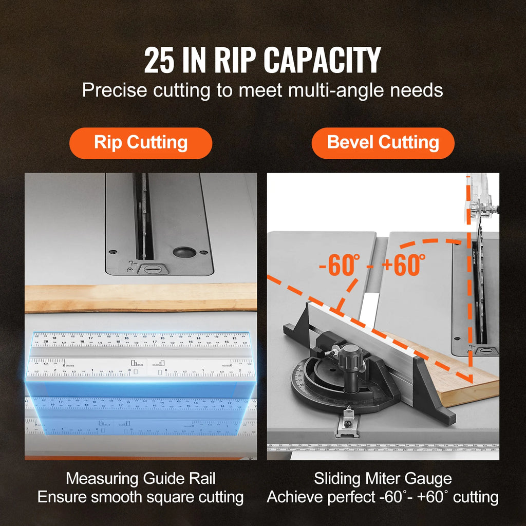 VEVOR Table Saw for Jobsite 10inch 15-Amp 25-in Max Rip Capacity 40T Blade Portable Compact for DIY Woodworking Furniture Making