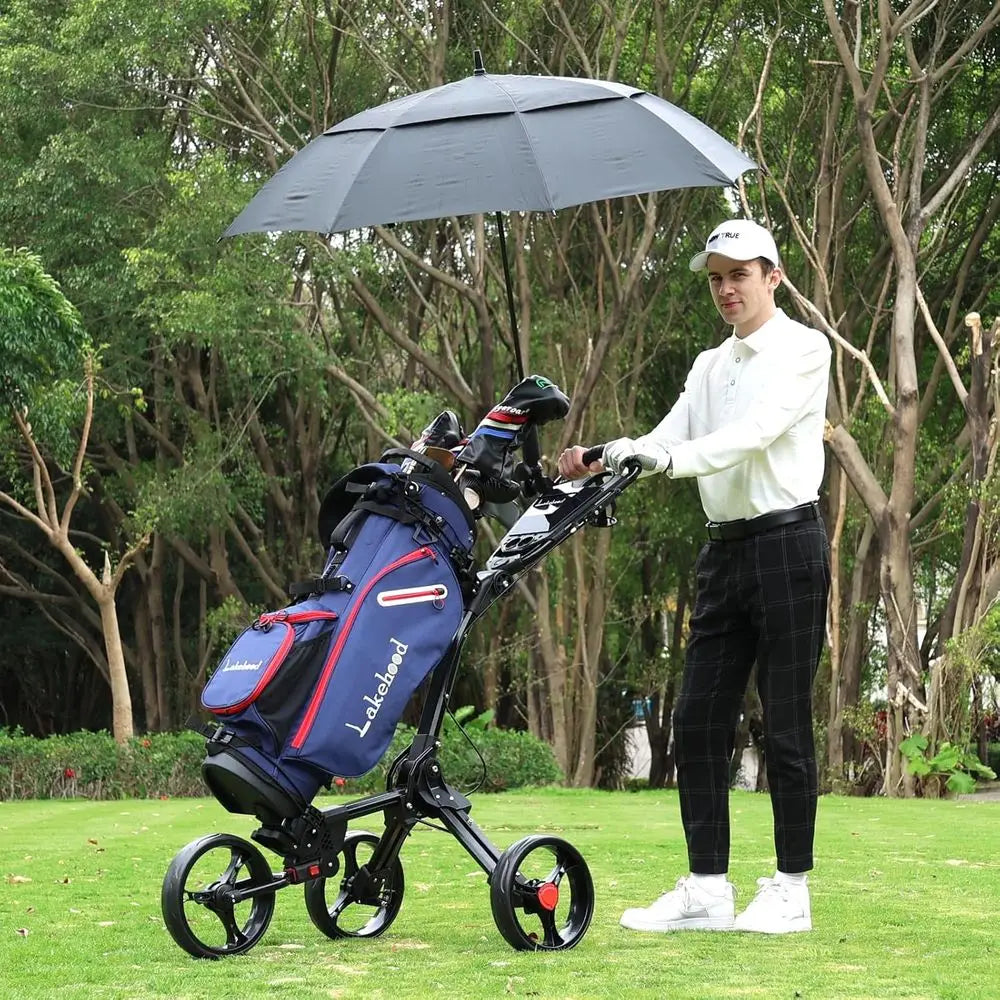 Golf Push Cart, 3 Wheel Foldable Golf Bag Cart, Easy to Open/Fold, Golf Caddy Push Cart with Umbrella Stand, Cup Holder, Scorebo