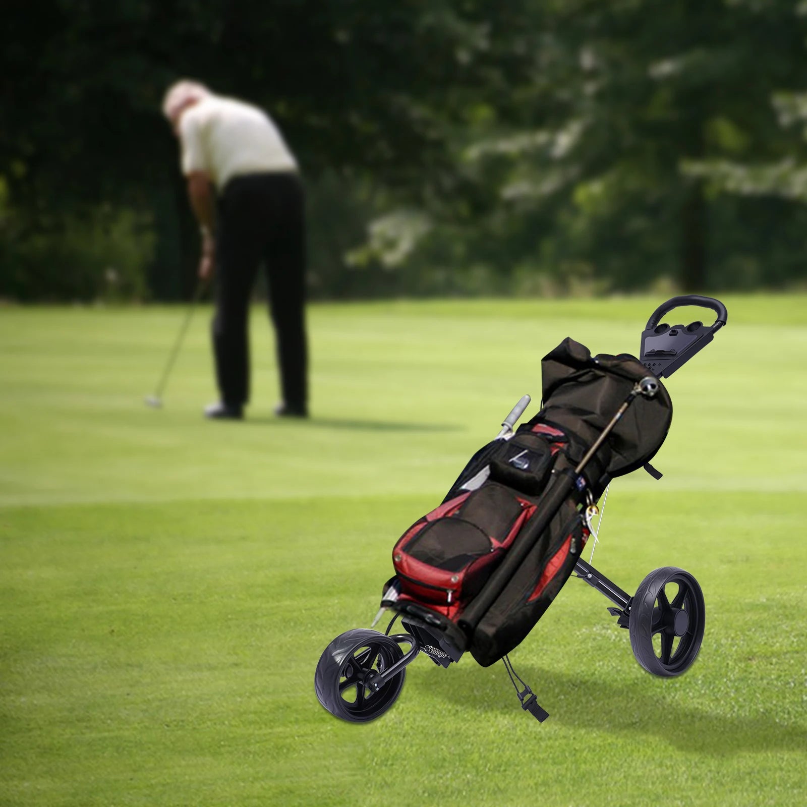 Lightweight Aluminum Golf Push Cart – 3-Wheel Folding Golf Trolley with Foot Brake, One-Second Open, Free Cup Holder Included