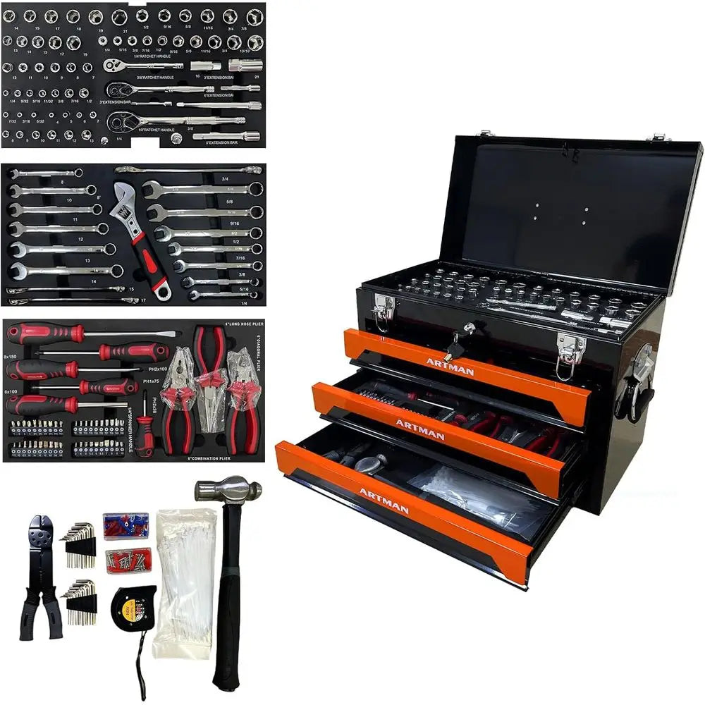 439-Piece Mechanic Tool Set in Heavy-Duty 3-Drawer Steel Box with 4-Tier Socket, Wrenches & Pliers. Portable Household Tool Kit