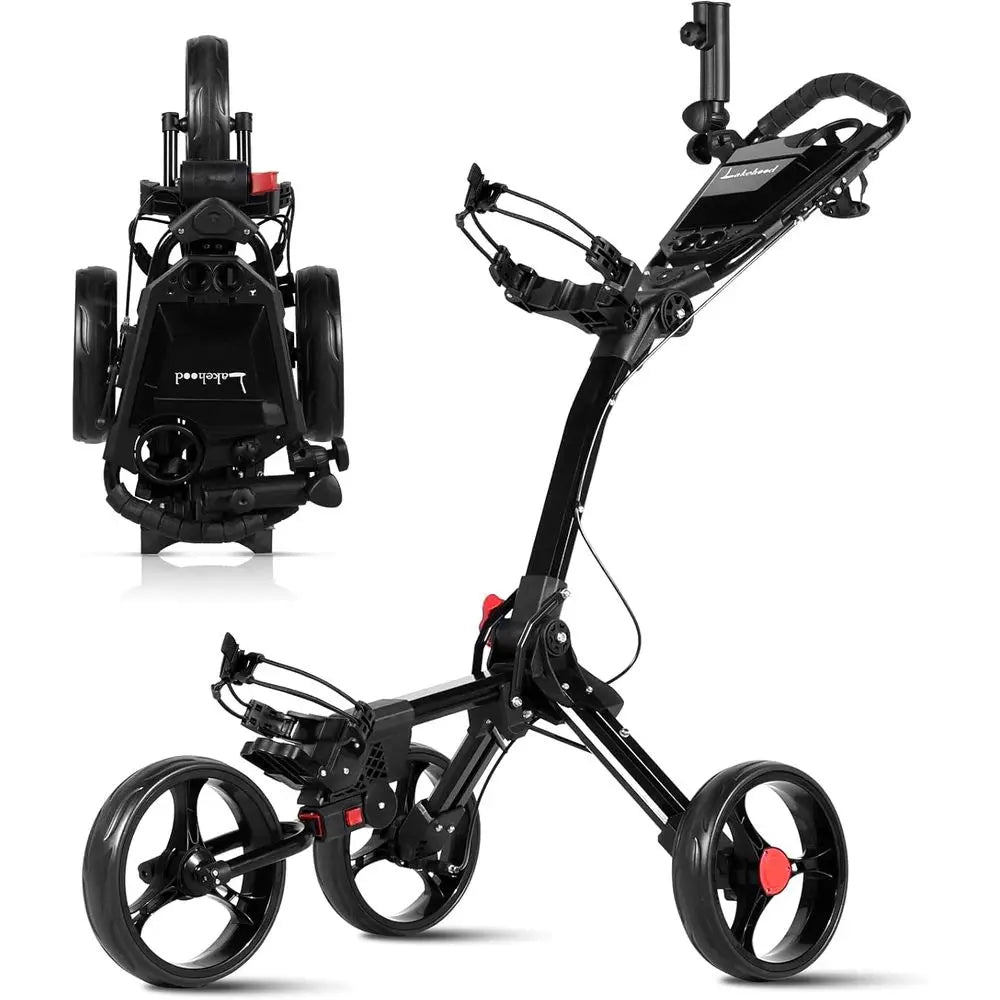 Golf Push Cart, 3 Wheel Foldable Golf Bag Cart, Easy to Open/Fold, Golf Caddy Push Cart with Umbrella Stand, Cup Holder, Scorebo