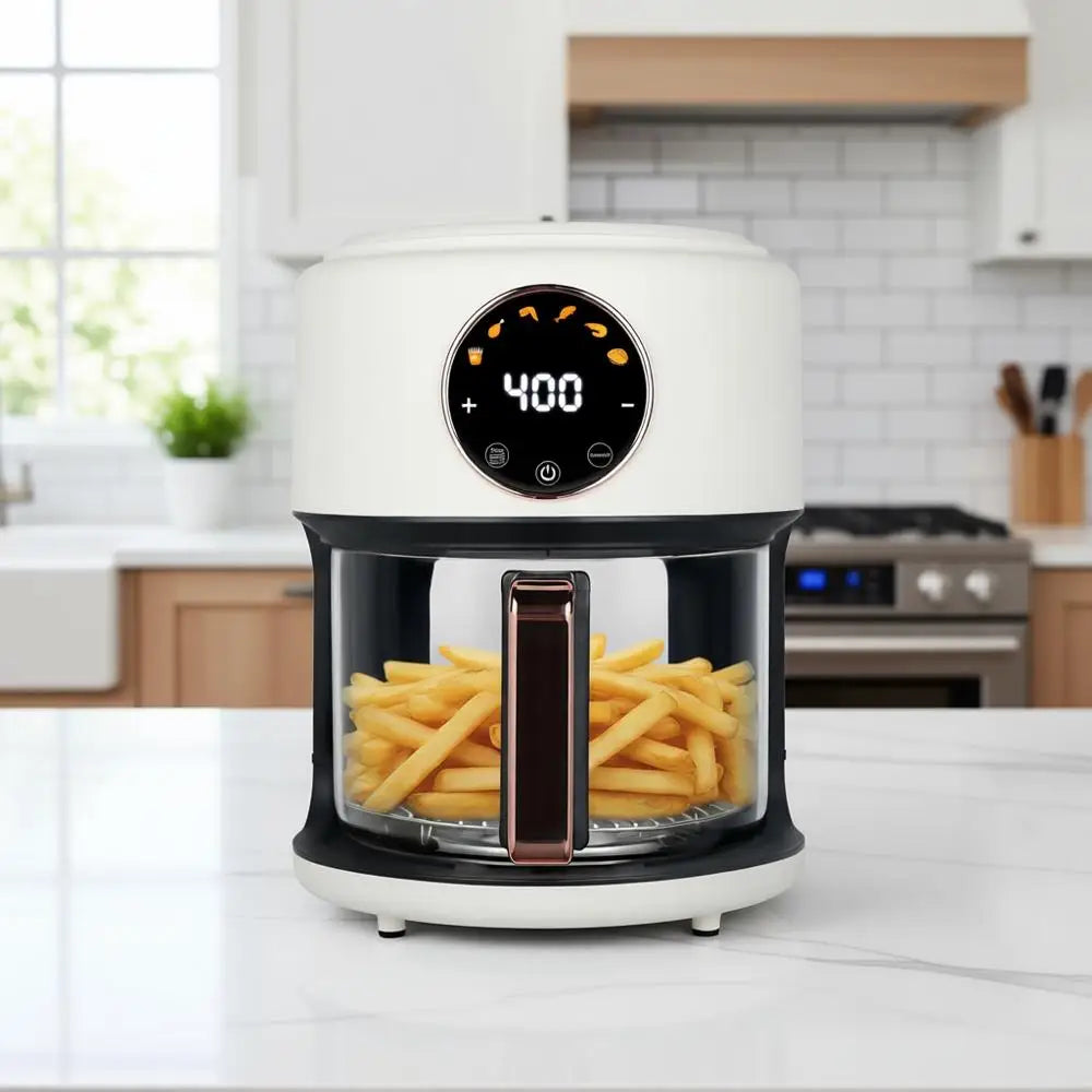 4.7QT Glass Air Fryer, 360° Viewable, 6-IN-1 Preset Cook, Digital Display, Adjustable Temp 100-400, Nonstick, Dishwasher Safe, W