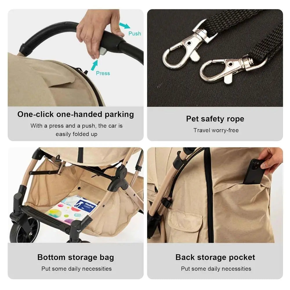 4-Wheel Pet Stroller with Sunshade, Storage, and Safety Belt for Small to Medium Dogs and Cats, Khaki