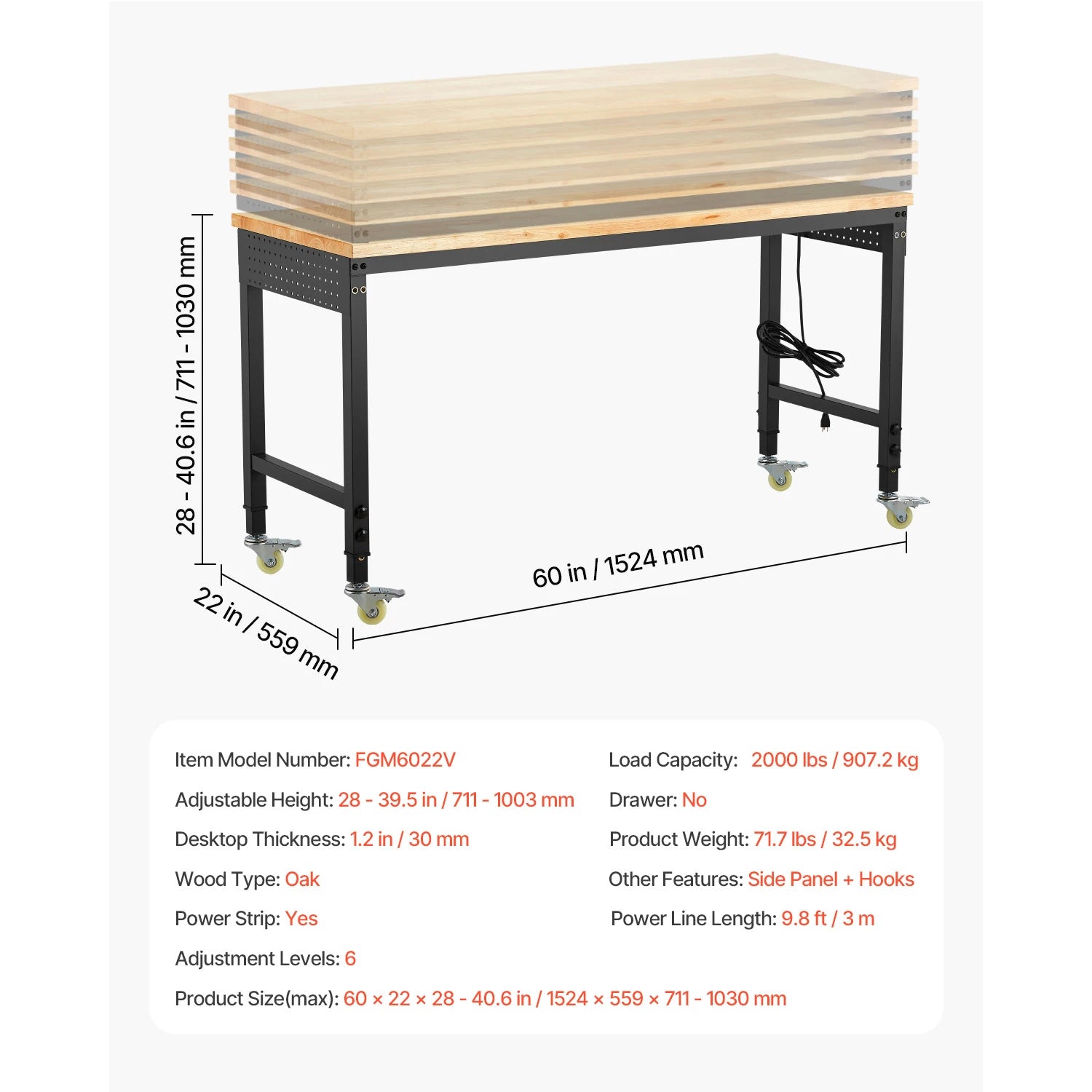 SucceBuy 2000LBS Adjustable Workbench Mutisize Work Bench with Power Outlet & Wheels Oak Wood Top Work Table for Garage Workshop
