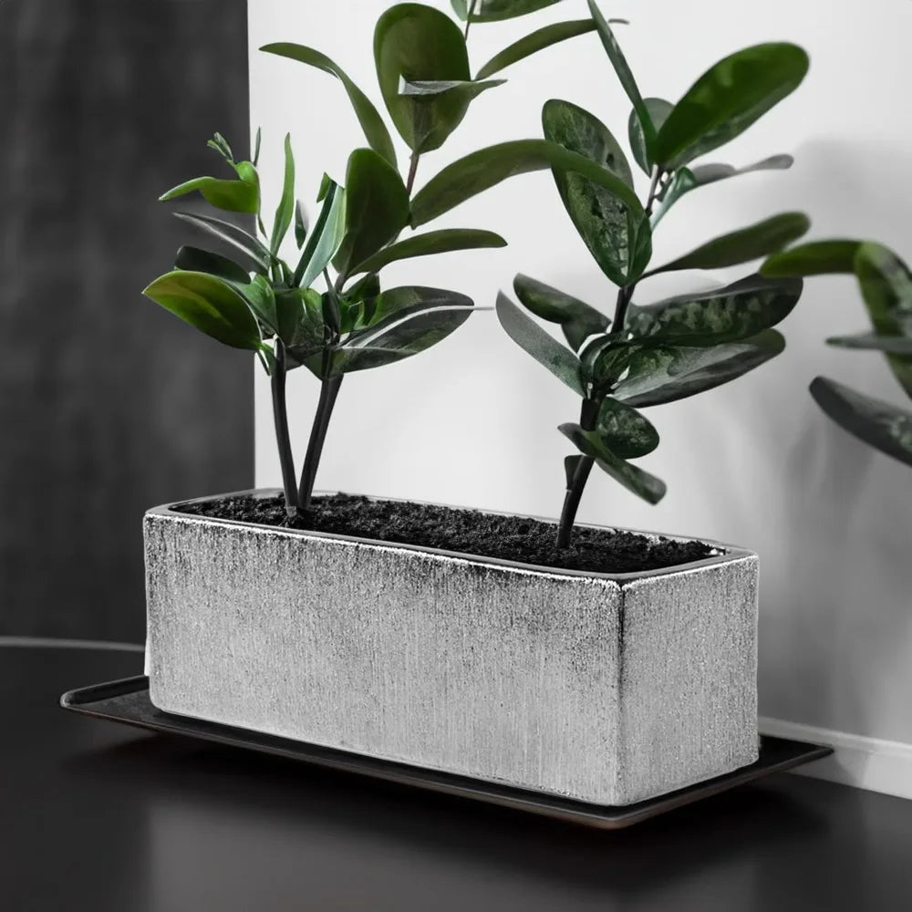 Long Rectangular Silver Etched Ceramic Planter Vase for Flower Arrangements, 12 x 4 x 4, Block Style Terrarium Box Pot, Suitable