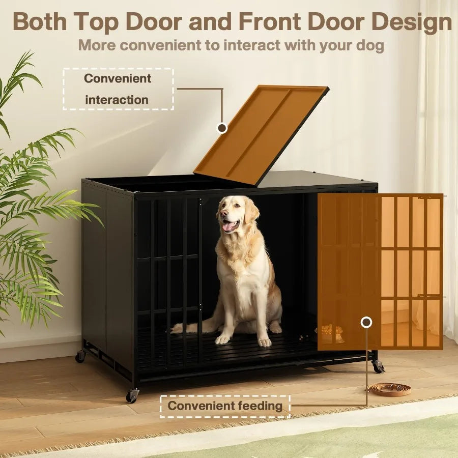 48/42 inch Heavy Duty Indestructible Dog Crate for High Anxiety Large Dogs Extra Large Steel Escape Proof Dog Kennel with Wheel