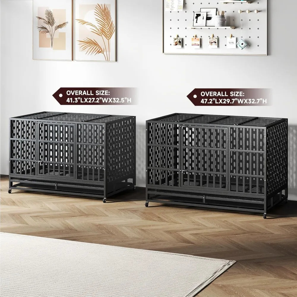 48/42 inch heavy duty indestructible dog crate steel escape proof, indoor double door high anxiety cage, kennel with wheels, rem