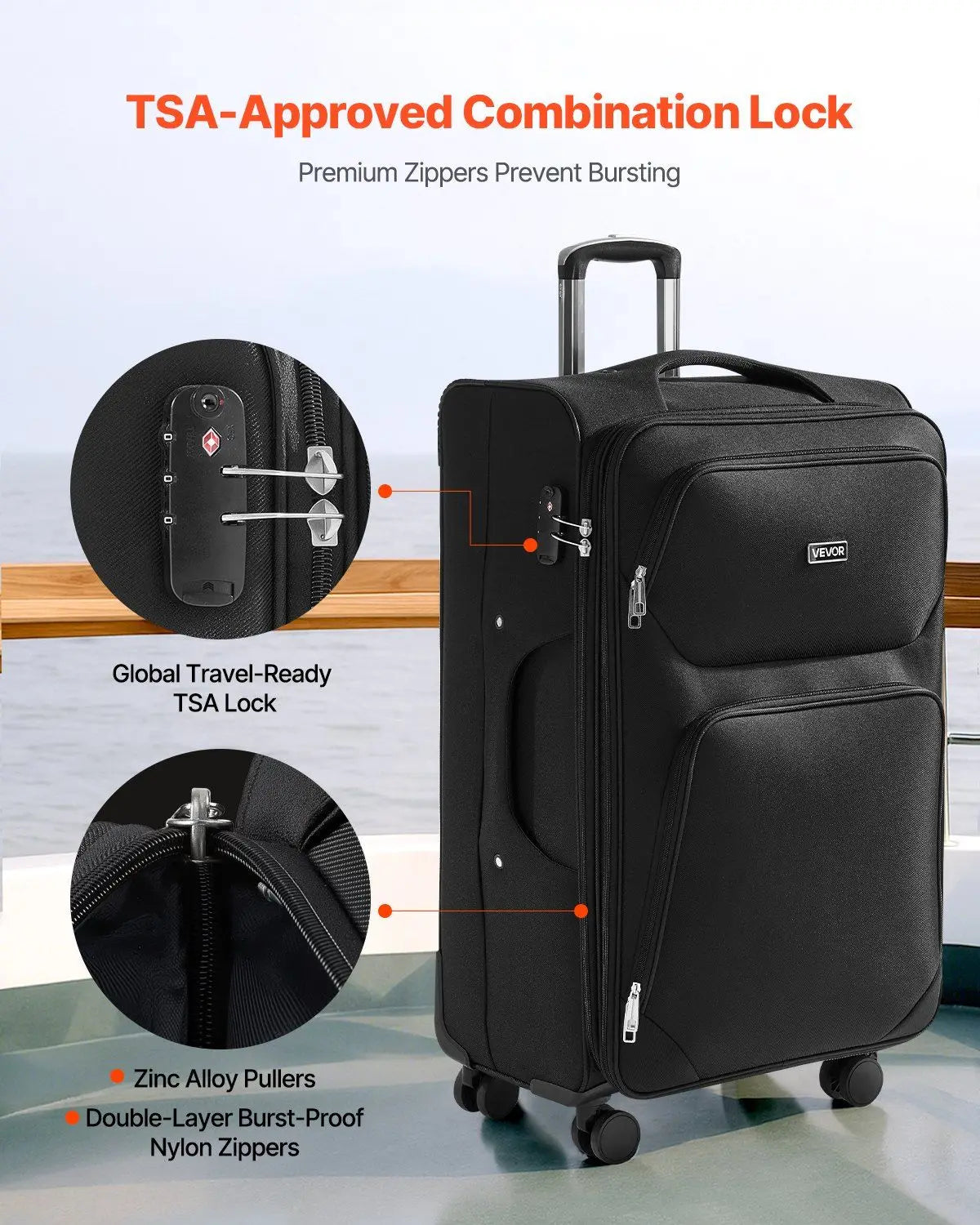 28Inch Lightweight Softside Luggage, Full-Lined 230D Interior, Smooth Glide Spinners, Auto-Expansion, Black