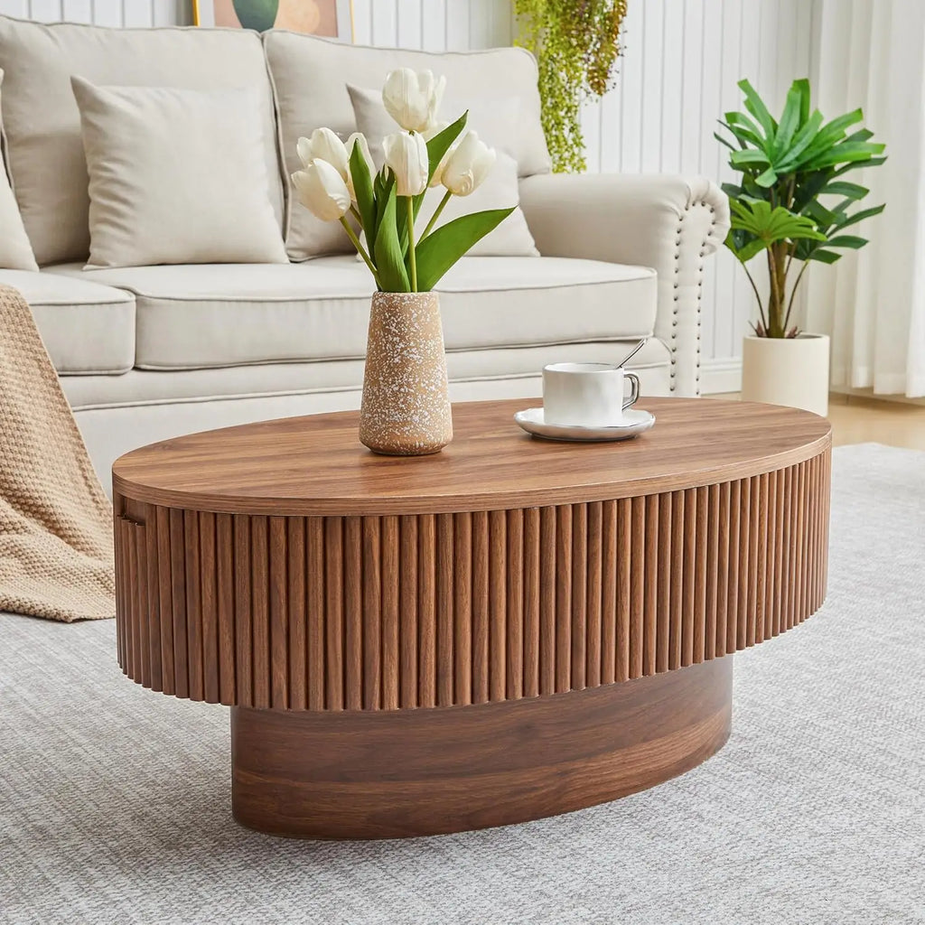 Oval Coffee Table with Hidden Storage, 31.5 Inch Wide Modern Coffee Table, Center Table with Fluted Veneered,, Customized