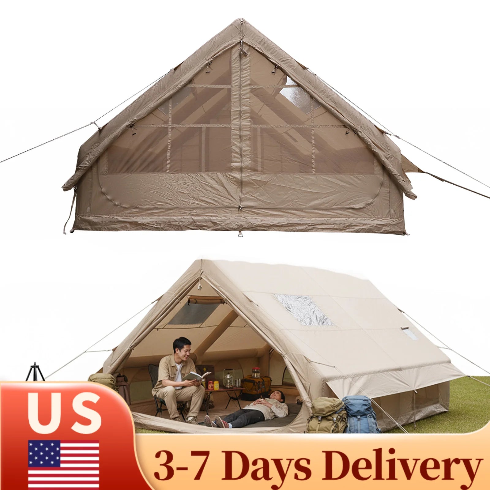 Inflatable Camping Tents with Mesh Windows & Pump 4 Season Big House 130 Square Feets with Stove Jack for Outdoor Hiking Camping