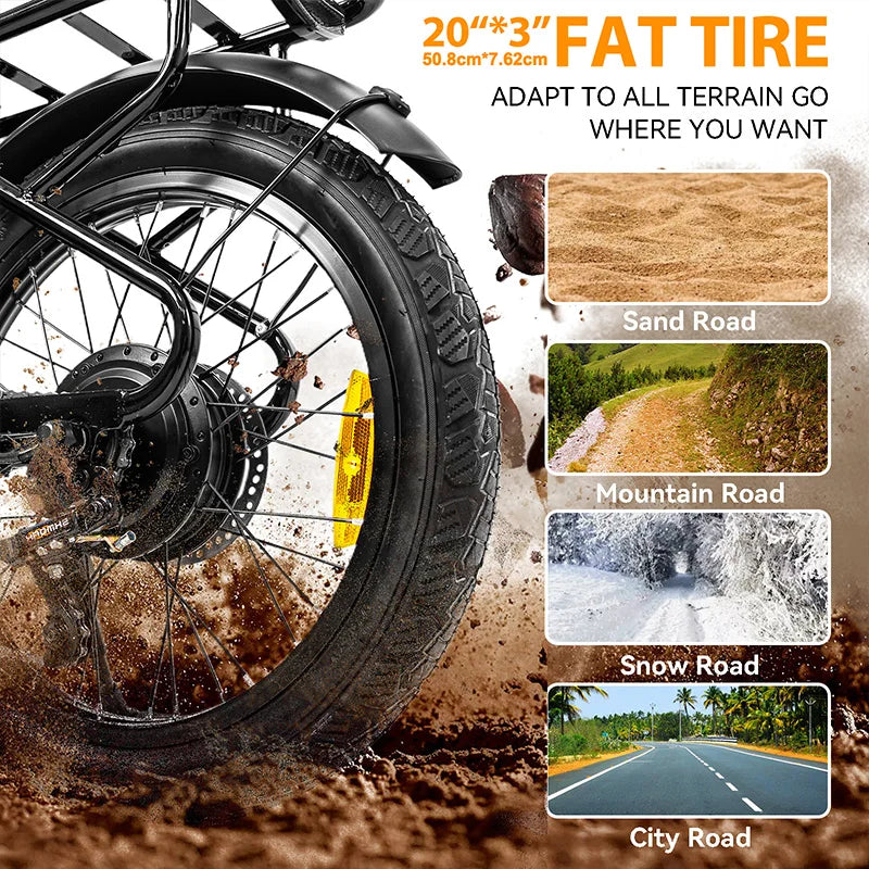 750W Electric Bike for Adults, Cargo Step, 48V 499.2wh Battery, 20" Fat Tire Electric Bicycle with Rear Rack,Hydraulic Disc Brak