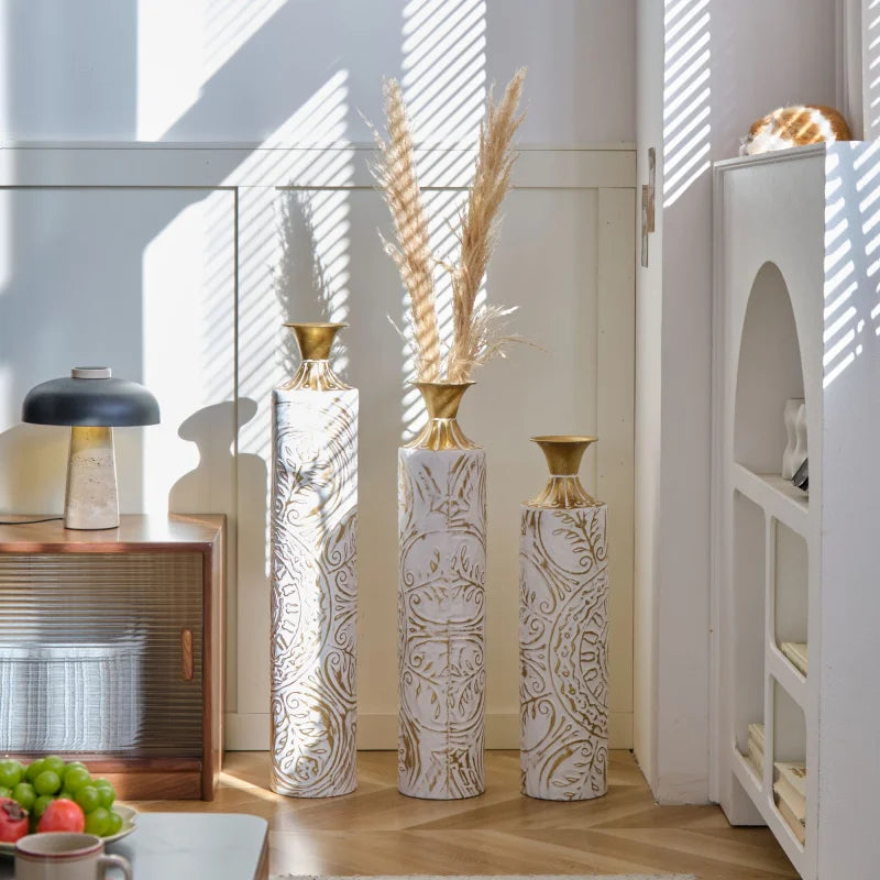 Home Decoration Set 3 White Glazed Metal Floor Vases 24in/28.7in/33.5in Height Elegant Living Room Decor Shipping From USA