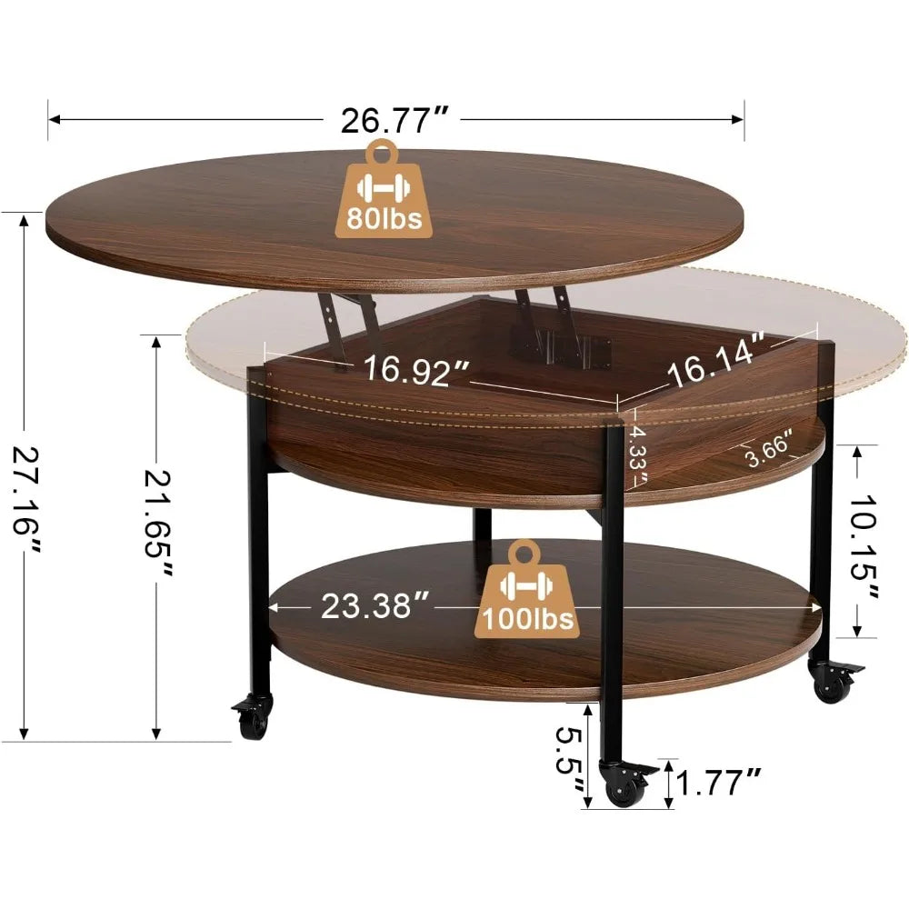 Round Lift Top Coffee Table with Wheels, Circle Center Table with Storage and Compartment, 26.77’’ Rolling Coffee Table
