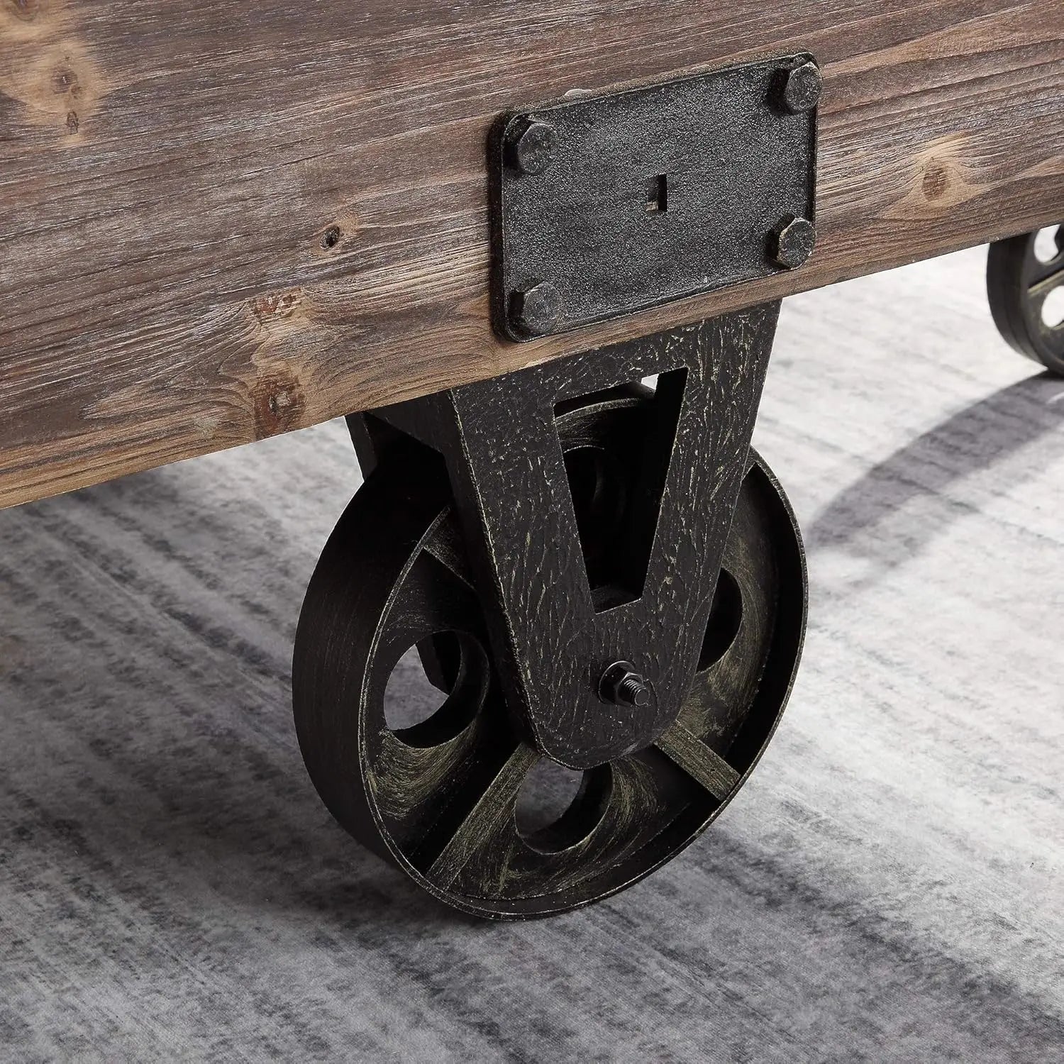 Factory Cart Coffee Table, Vintage Center Table With Wheels For Living Room, Rectangular, Wood, Farmhouse, 47.25 Inc