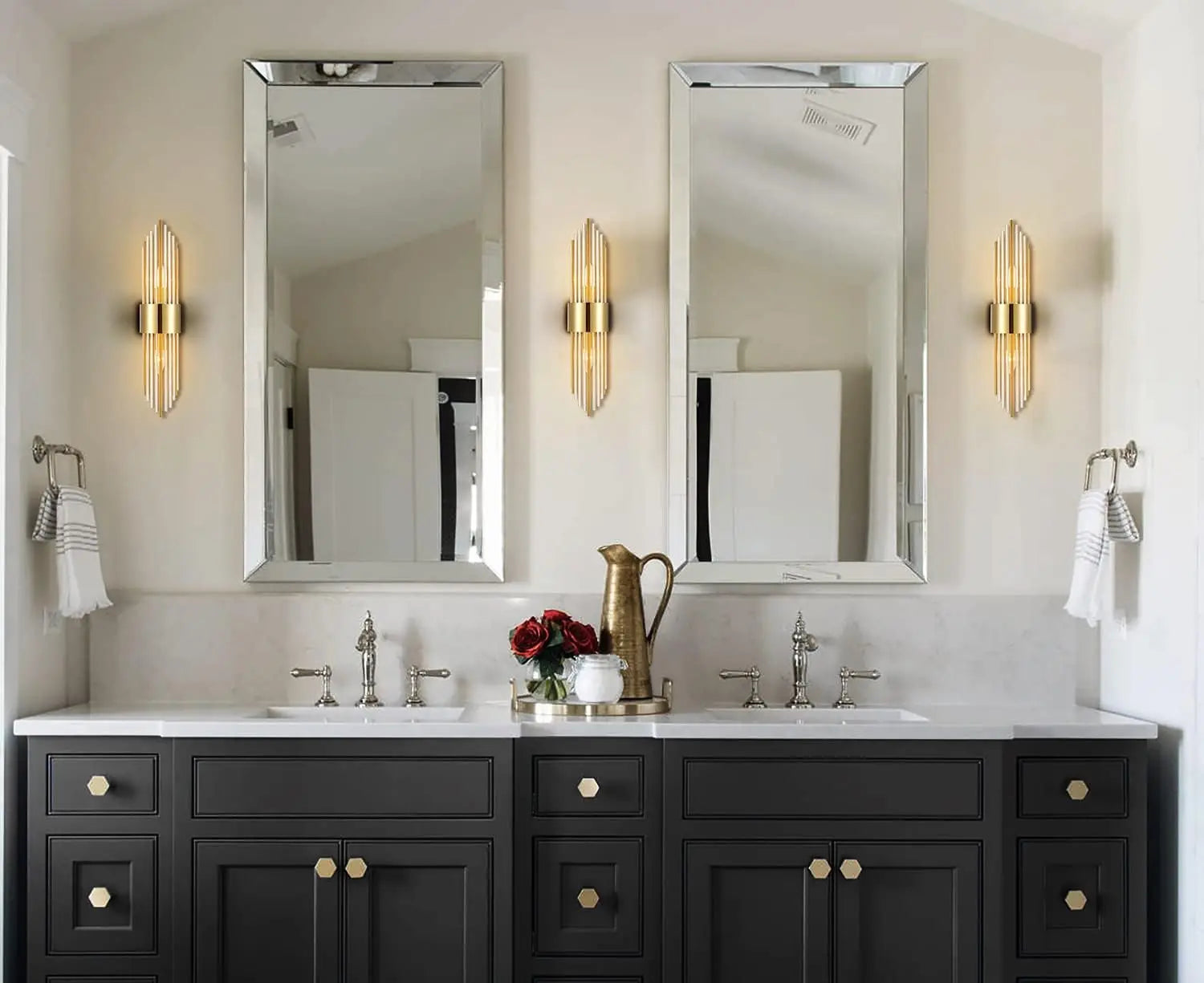 2-Light Modern Brushed Titanium Gold Wall Sconce with Clear Glass Crystal Luxury Wall Light Fixtures for Bedroom Living Room Bat