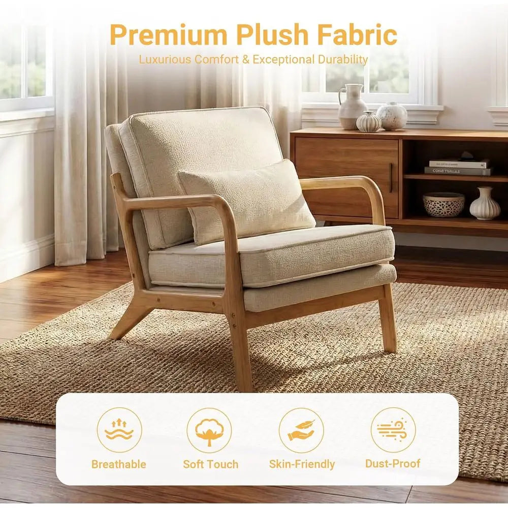 Modern Accent Chair Mid Century Wooden Upholstered Armchair with Lumbar Pillow & Removable Soft Cushion, Reading Chair for Livin