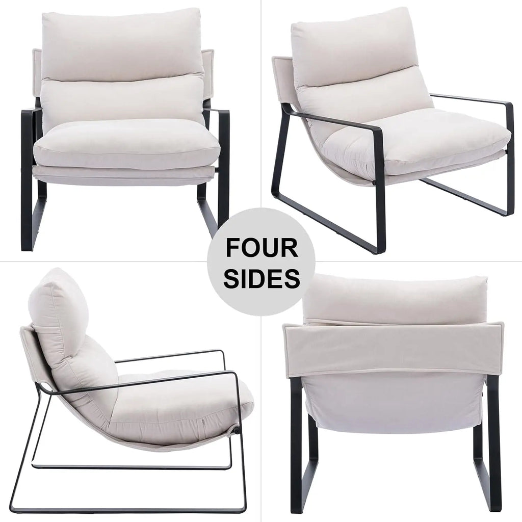 Mid-Century Accent Chair Armchair, Comfy Linen Fabric Leisure Chair Lazy Chair with Metal Leg for Living Room Bedroom Off