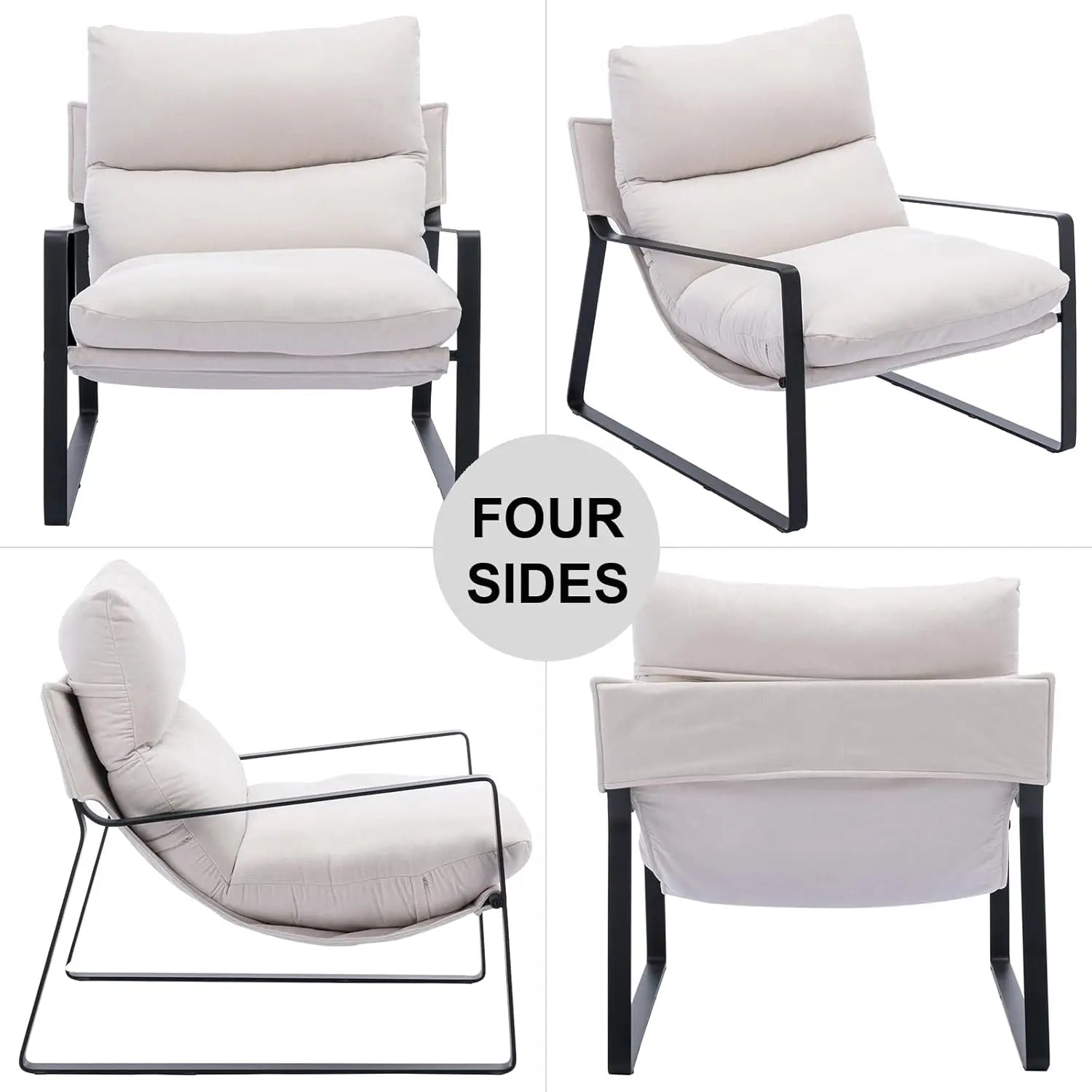 Mid-Century Accent Chair Armchair, Comfy Linen Fabric Leisure Chair Lazy Chair with Metal Leg for Living Room Bedroom Off