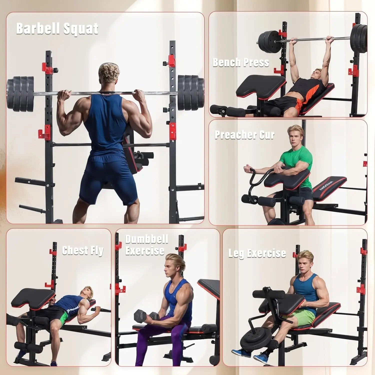 1500LB 6 IN 1 Weight Bench with Leg Extension Leg Curl Foldable Bench Press with Preacher Curl Squat Rack Workout Benches with S