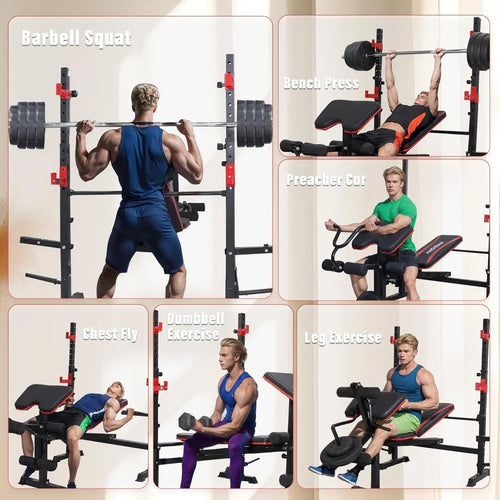 1500LB 6 IN 1 Weight Bench with Leg Extension Leg Curl Foldable Bench Press with Preacher Curl Squat Rack Workout Benches with S