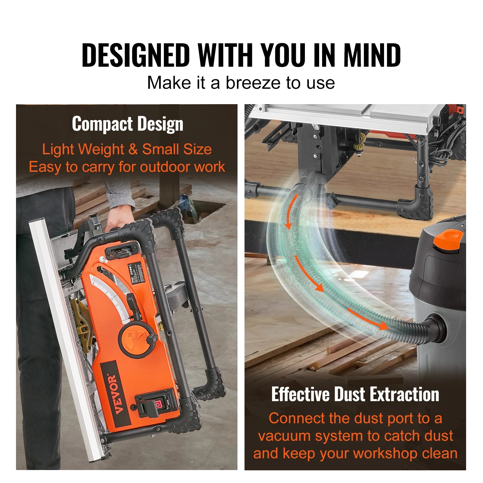 VEVOR Table Saw for Jobsite 10inch 15-Amp 25-in Max Rip Capacity 40T Blade Portable Compact for DIY Woodworking Furniture Making