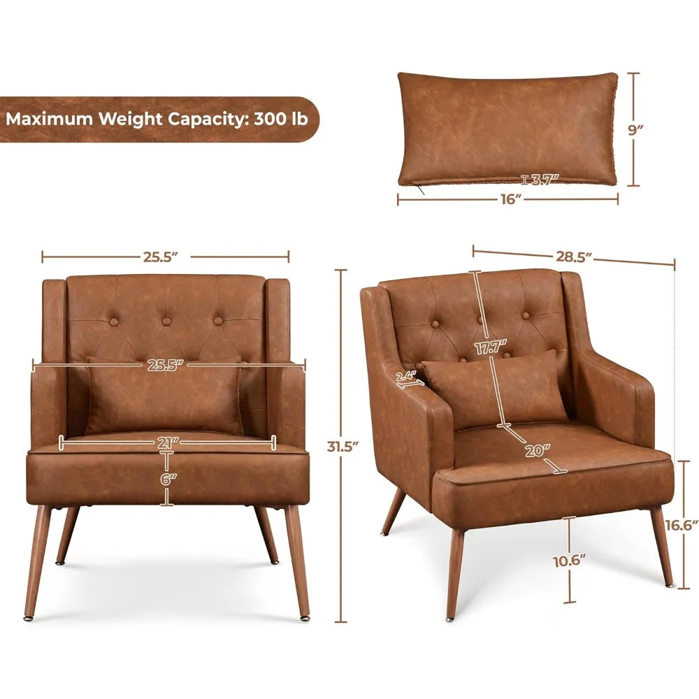 Yaheetech Accent Chair, Living Room Chair Mid Century PU Leather Armchair Lumbar Pillow, Comfy Upholstered Reading Chair Wood Le