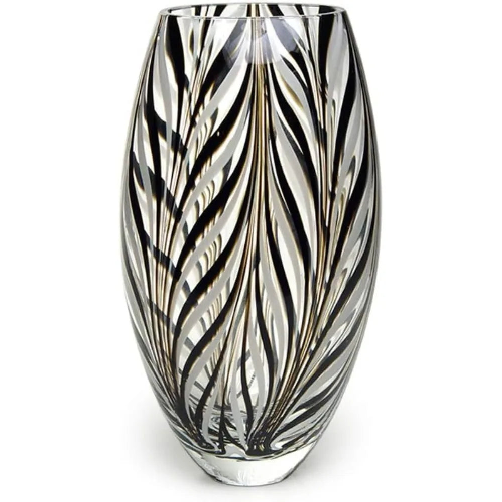 Doro Murano Style Glass Vase Black and White Feather Pattern Hand Blown Art Glass for Flower, Room Decoration and Centerpiece