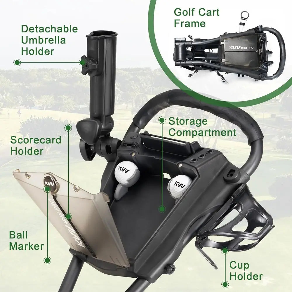 Compact Adjustable Golf Push Cart with 360 Swivel Wheel for All Ages in Charcoal