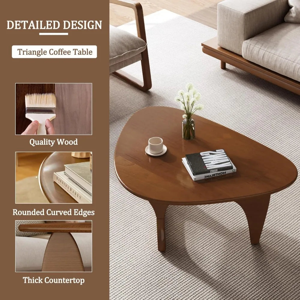 Coffee Table, Mid Century Modern Triangle Coffee Table for Living Room, Rustic Solid Wood Legs and Tabletop, Farmhouse Walnut.