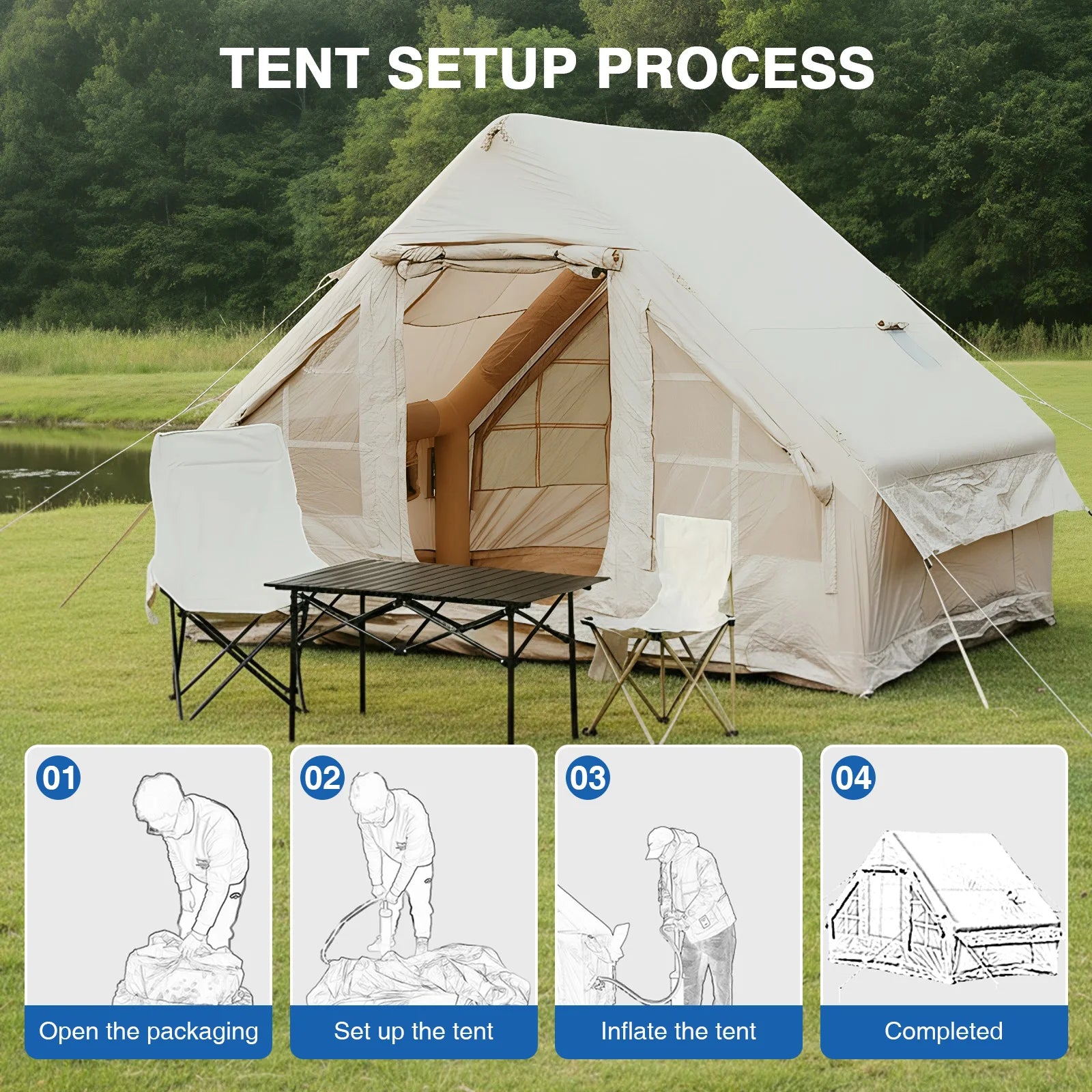 Inflatable Camping Tents with Hand Pump Air Glamping Tent Easy Setup 300D Oxford Waterproof and Windproof Blow up Tent 4 Seasons