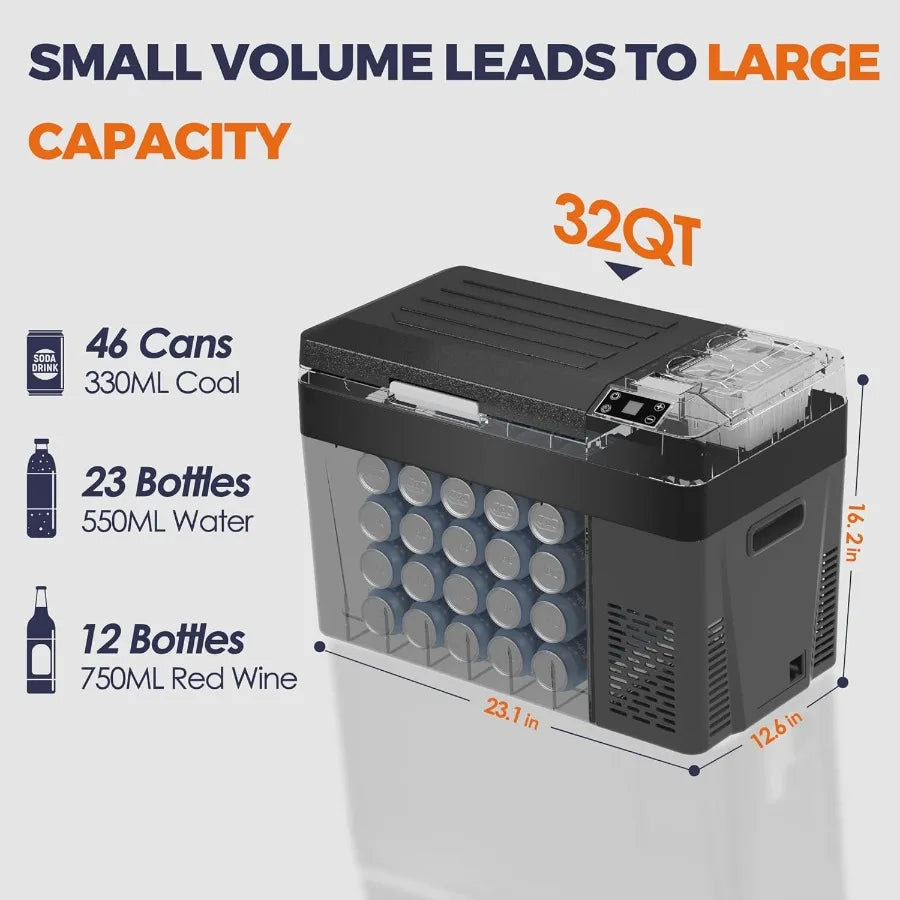 12 Volt Refrigerator Electric Cooler - 32Quart 30L Refrigerator Compressor 12/24V DC 100-240V AC 12V Fridge Usable Battery for