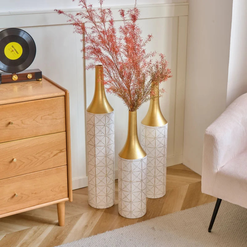 Set Of 3  Metal Vases Home Decoration White Glazed 24in/28.7in/33.5in Gorgeous Home Living Room Floor Decor Large Iron Vases USA