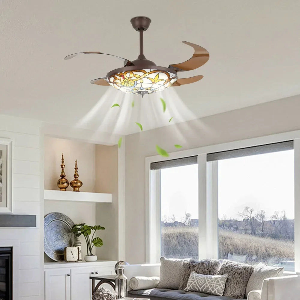 42 in Tiffany Style Ceiling Fan W/ Light, Remote Control, 3 Color Changing LED & 3 Speed Setting, Modern Fan for Living Room Use