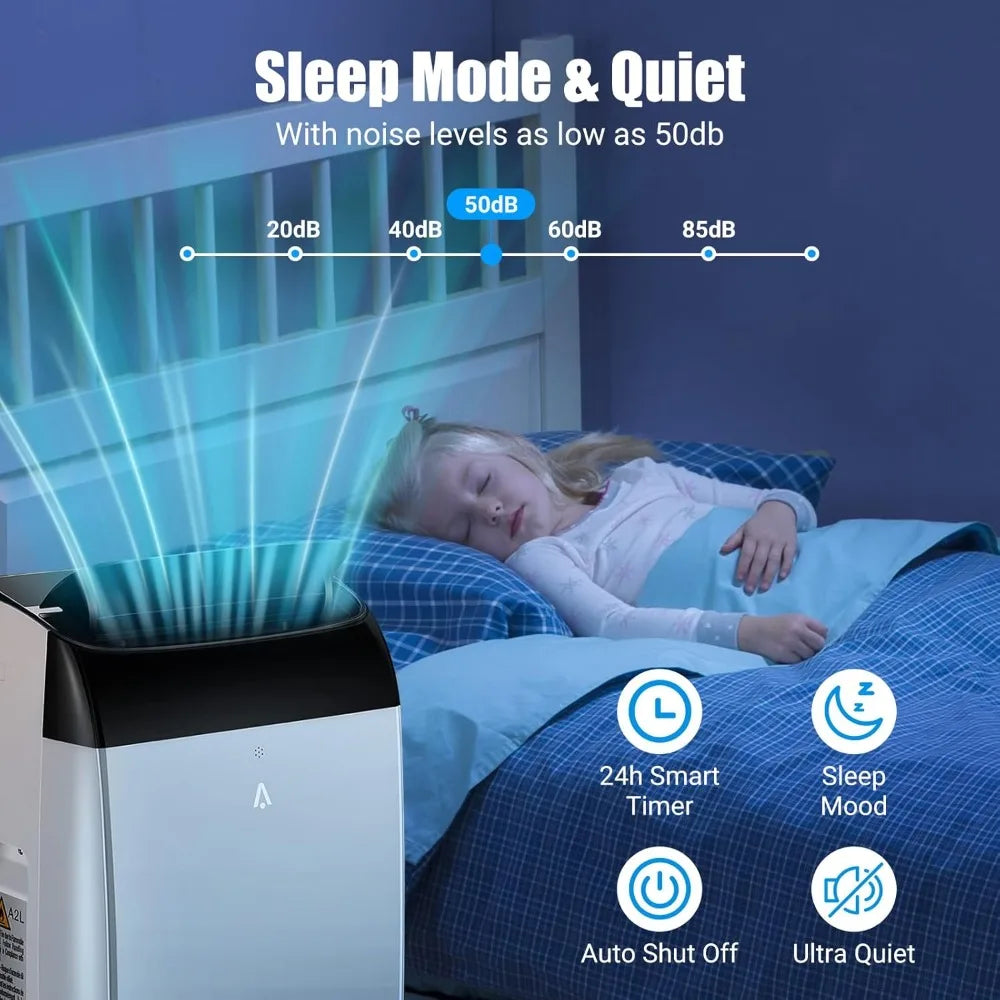 14000 BTU portable air conditioner with cooling capacity of up to 750 square feet, 3-in-1 silent portable air conditioning unit