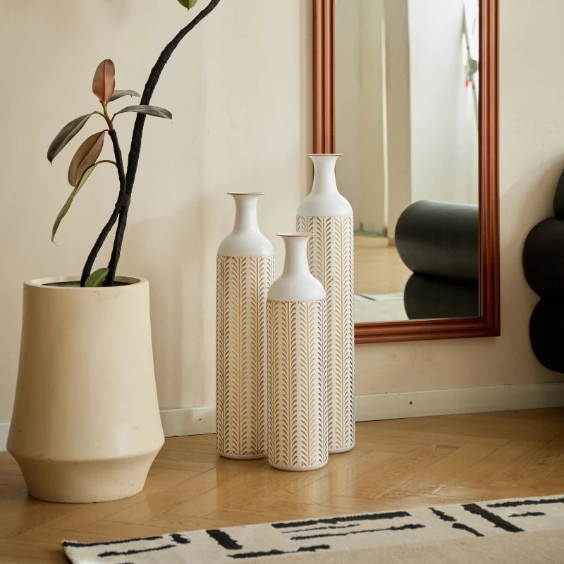 Floor Modern Style White 3 Piece Set Gorgeous Home Decoration Large Glazed Metal Vase