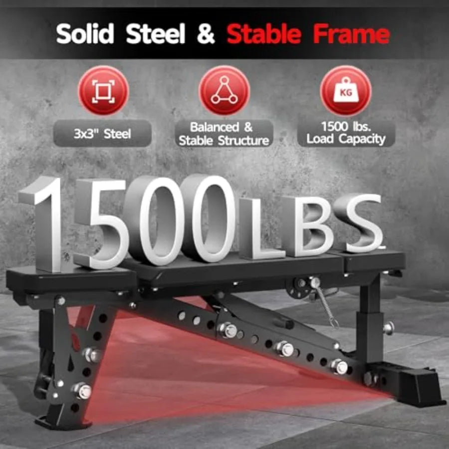 Adjustable Weight Bench With Headrest,1500LBS Workout Bench For Full Body,3"X3" Weight Benches For Home Gym,Gym Bench With Wheel